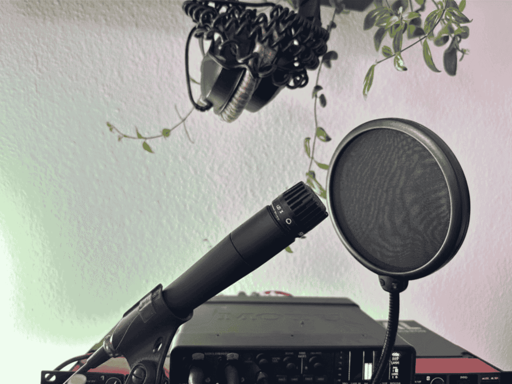 Mic with popfilter in front of an audio interface